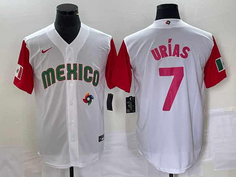 Mens Mexico Baseball #7 Julio Urias Number 2023 White Red World Classic Stitched Jersey 31